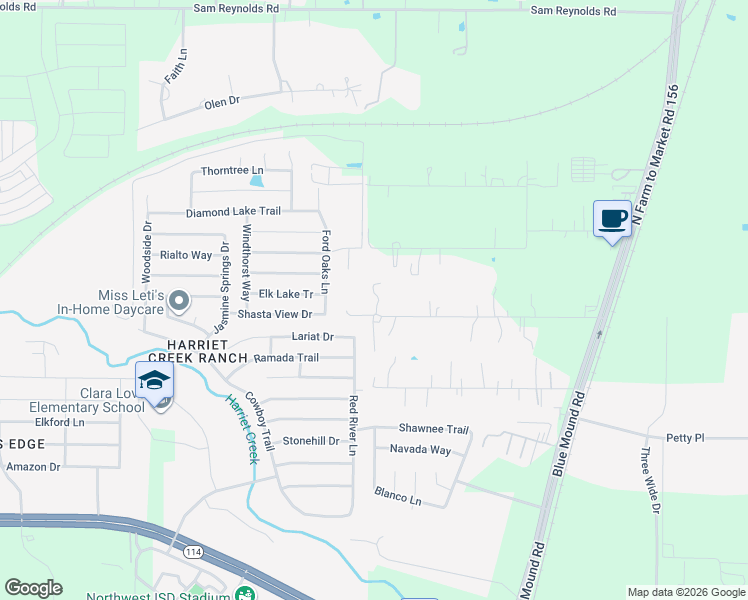 map of restaurants, bars, coffee shops, grocery stores, and more near 17381 Gaffield Road in Justin