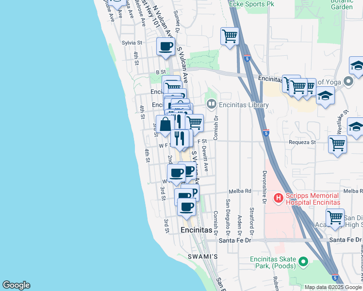 map of restaurants, bars, coffee shops, grocery stores, and more near 687 2nd Street in Encinitas