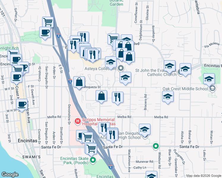 map of restaurants, bars, coffee shops, grocery stores, and more near 706 Piedras Oro Calle in Encinitas