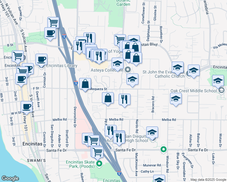 map of restaurants, bars, coffee shops, grocery stores, and more near 537 Requeza Street in Encinitas