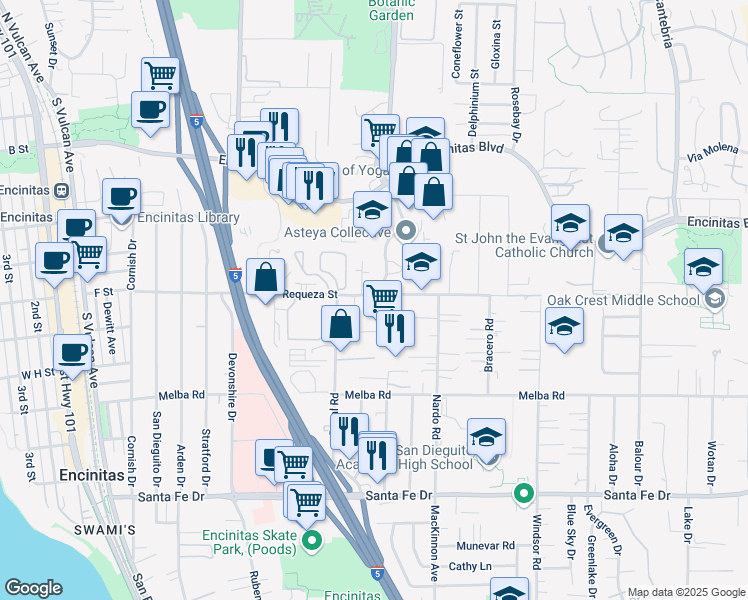 map of restaurants, bars, coffee shops, grocery stores, and more near 537 Requeza Street in Encinitas