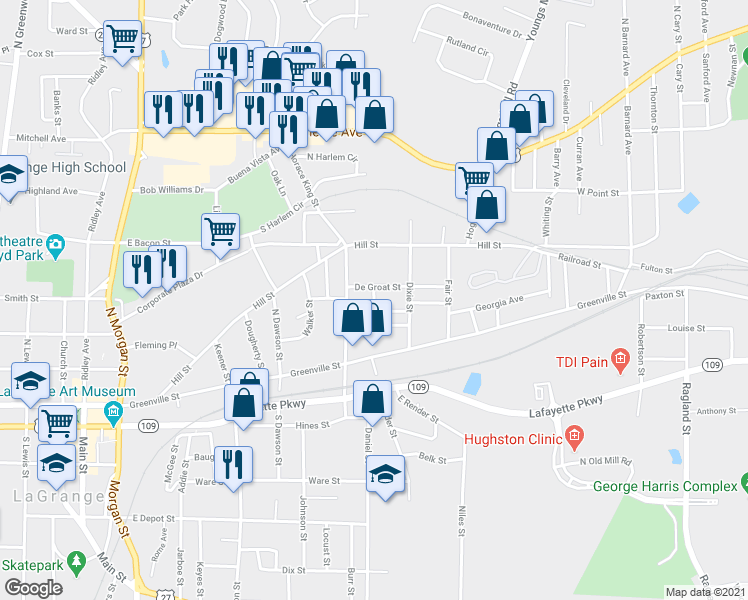map of restaurants, bars, coffee shops, grocery stores, and more near 304 Front Street in LaGrange