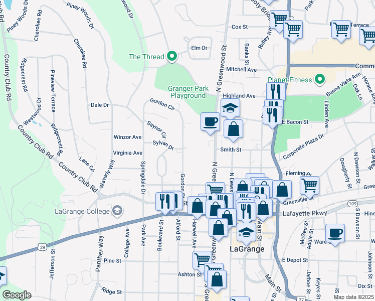 map of restaurants, bars, coffee shops, grocery stores, and more near 308 Gordon Street in LaGrange