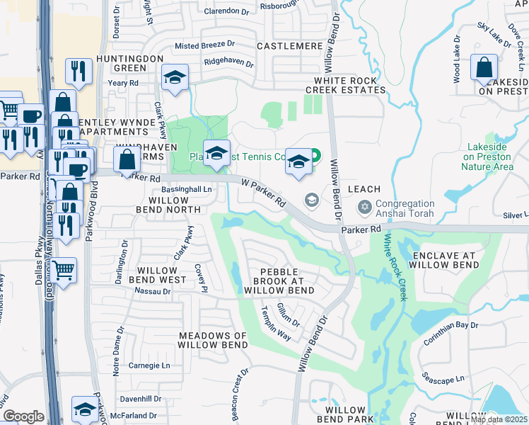 map of restaurants, bars, coffee shops, grocery stores, and more near 5705 Gleneagles Drive in Plano