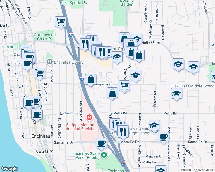 map of restaurants, bars, coffee shops, grocery stores, and more near 704 Regal Road in Encinitas