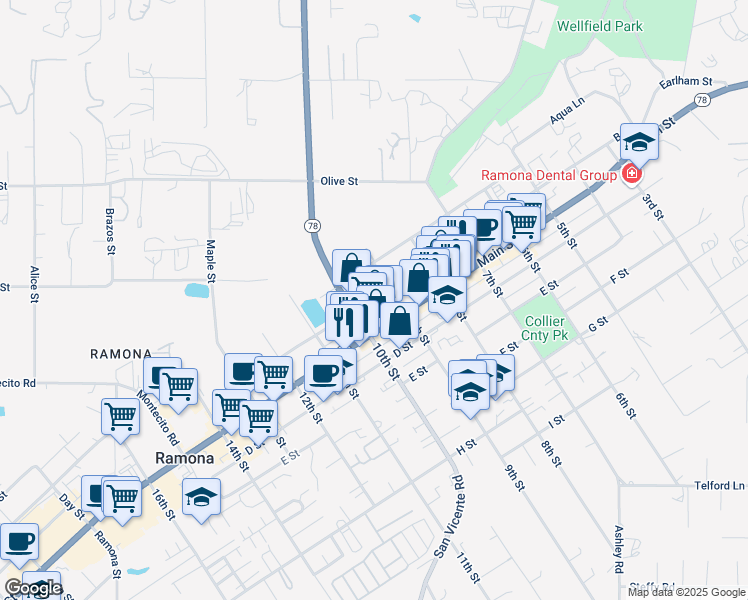 map of restaurants, bars, coffee shops, grocery stores, and more near 916 B Street in Ramona