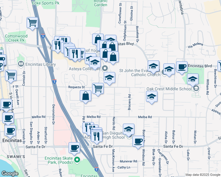 map of restaurants, bars, coffee shops, grocery stores, and more near 689 Requeza Street in Encinitas