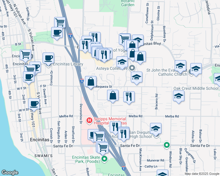 map of restaurants, bars, coffee shops, grocery stores, and more near 454 Requeza Street in Encinitas