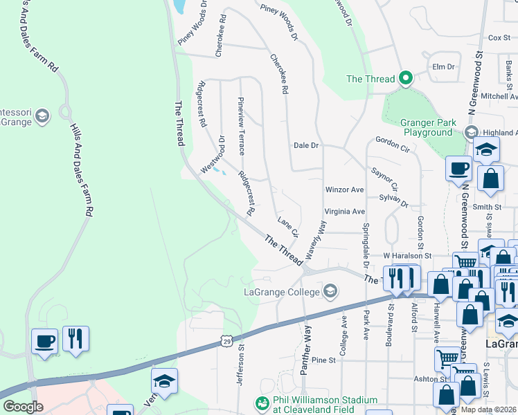 map of restaurants, bars, coffee shops, grocery stores, and more near 104 Ridgecrest Road in LaGrange