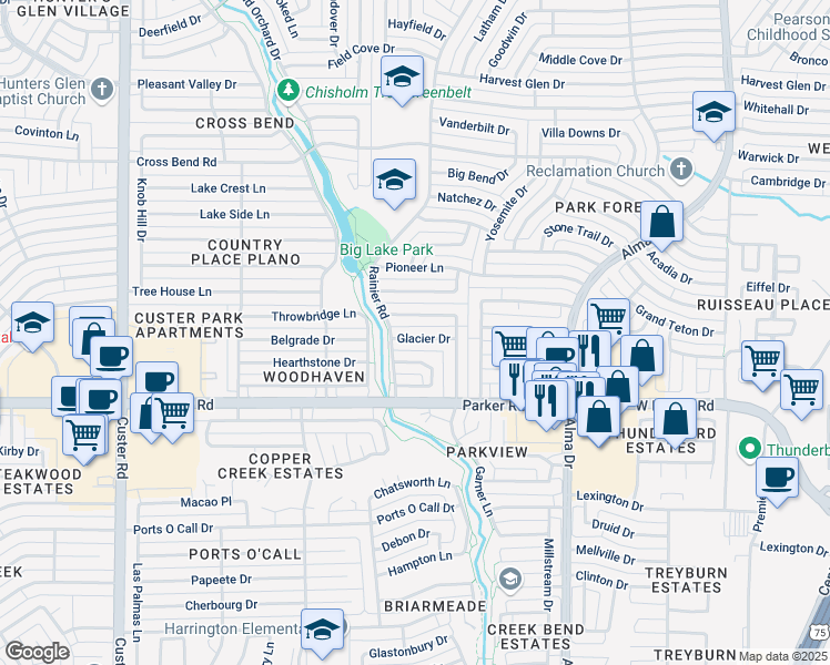 map of restaurants, bars, coffee shops, grocery stores, and more near 1412 Sequoia Drive in Plano