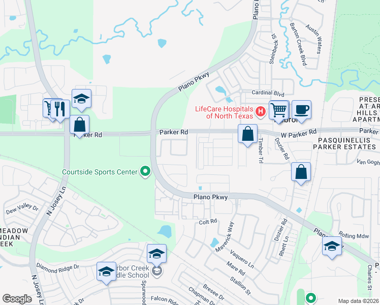 map of restaurants, bars, coffee shops, grocery stores, and more near 4816 Garner Drive in Carrollton