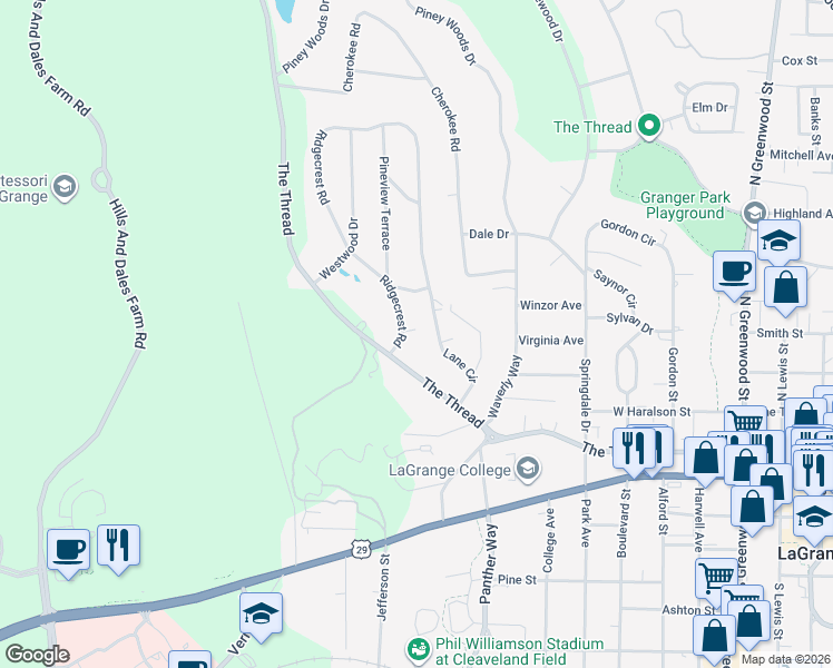 map of restaurants, bars, coffee shops, grocery stores, and more near 104 Ridgecrest Road in LaGrange