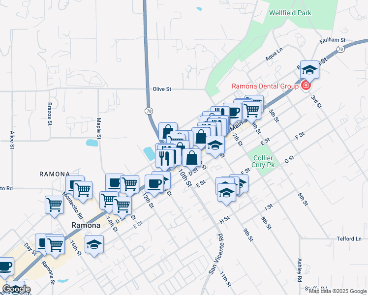 map of restaurants, bars, coffee shops, grocery stores, and more near 916 B Street in Ramona