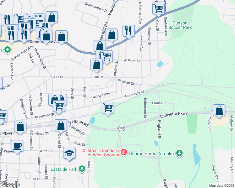 map of restaurants, bars, coffee shops, grocery stores, and more near 927 Graphic Street in LaGrange