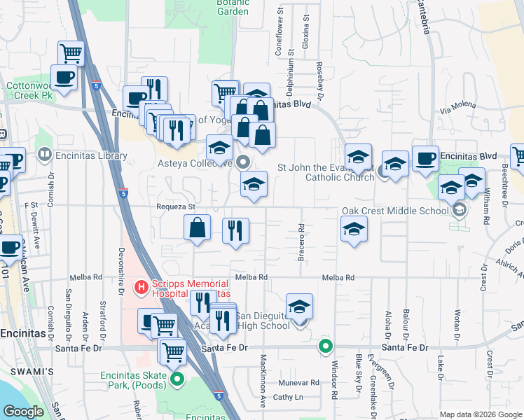 map of restaurants, bars, coffee shops, grocery stores, and more near 689 Requeza Street in Encinitas