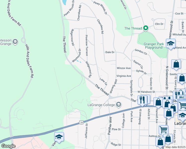 map of restaurants, bars, coffee shops, grocery stores, and more near 107 Ridgecrest Road in LaGrange