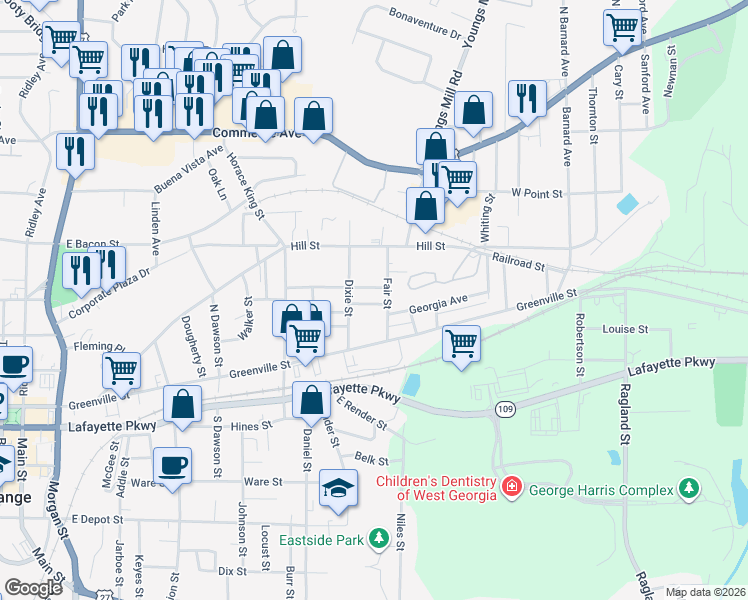 map of restaurants, bars, coffee shops, grocery stores, and more near 203 Fair Street in LaGrange
