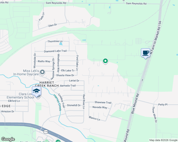 map of restaurants, bars, coffee shops, grocery stores, and more near 17381 Gaffield Road in Justin
