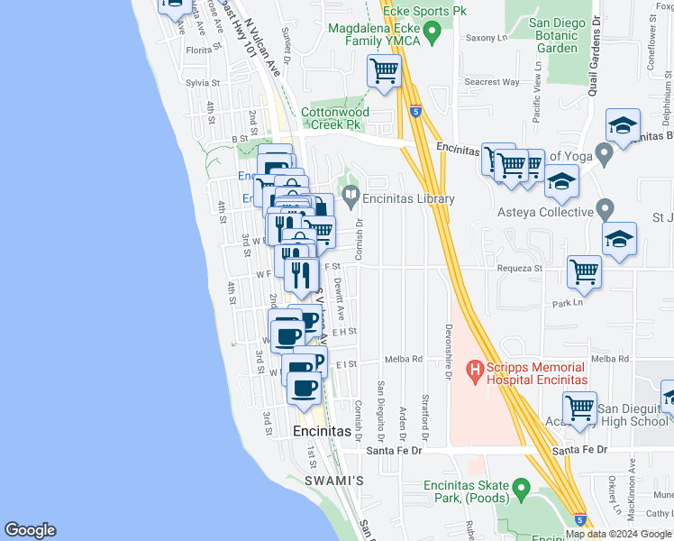 map of restaurants, bars, coffee shops, grocery stores, and more near 705 Dewitt Avenue in Encinitas