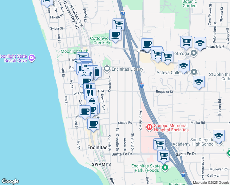 map of restaurants, bars, coffee shops, grocery stores, and more near 135 Requeza Street in Encinitas