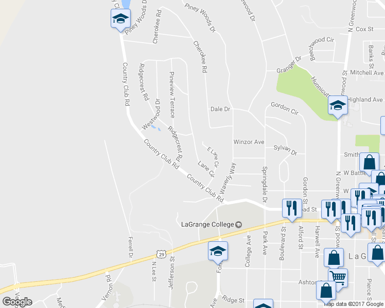 map of restaurants, bars, coffee shops, grocery stores, and more near 315 Lane Circle in LaGrange