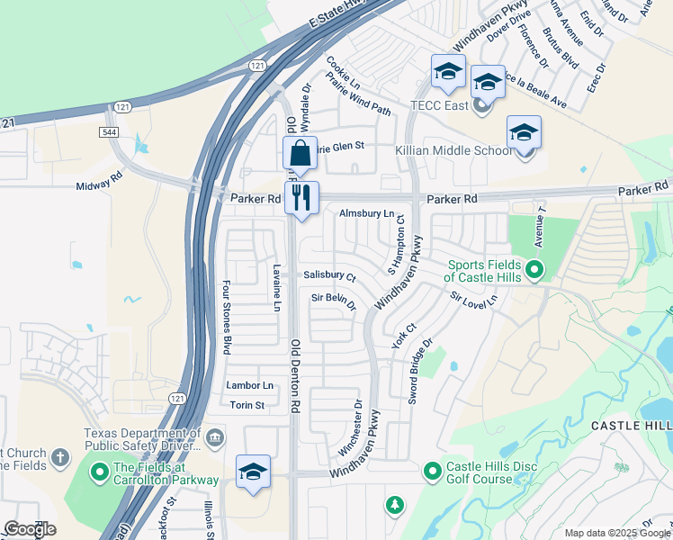 map of restaurants, bars, coffee shops, grocery stores, and more near 2331 Salisbury Court in The Colony