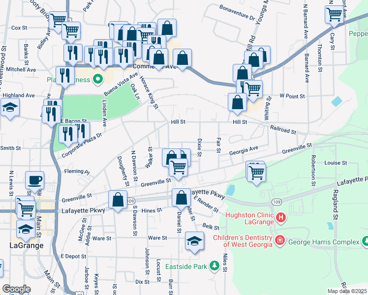 map of restaurants, bars, coffee shops, grocery stores, and more near 303 Front Street in LaGrange