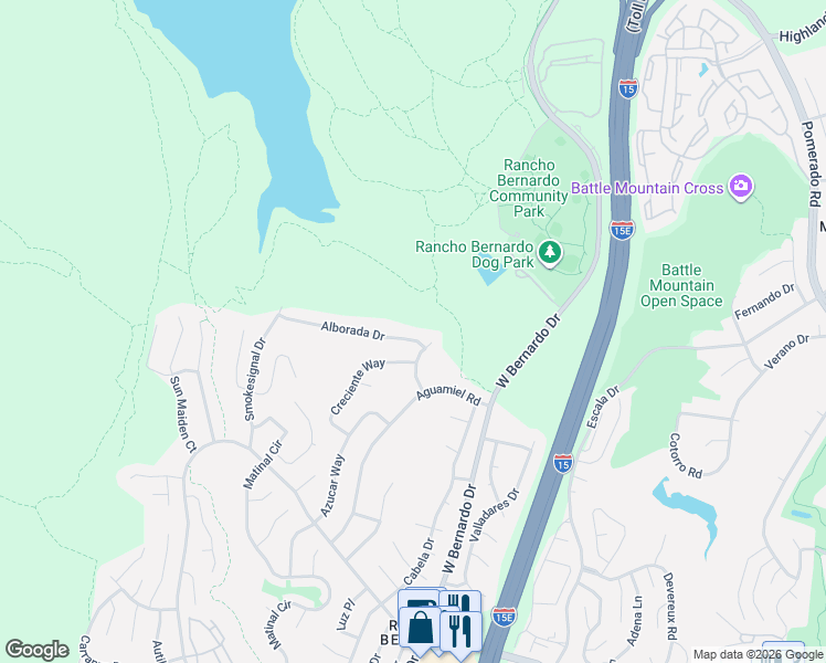 map of restaurants, bars, coffee shops, grocery stores, and more near 11592 Alborada Drive in San Diego