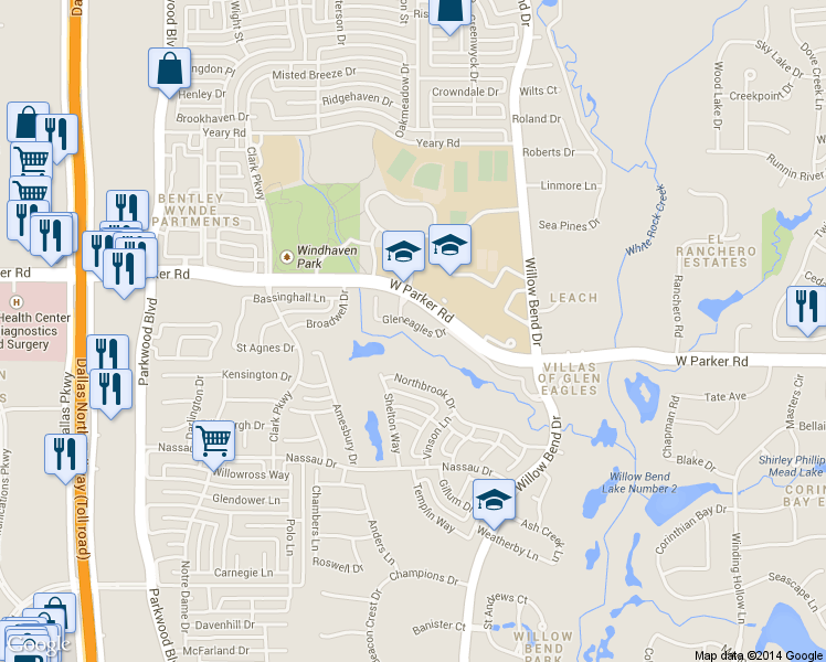 map of restaurants, bars, coffee shops, grocery stores, and more near 5705 Gleneagles Drive in Plano