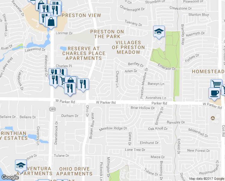 map of restaurants, bars, coffee shops, grocery stores, and more near 3320 Radcliffe Drive in Plano