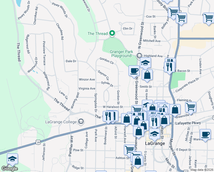 map of restaurants, bars, coffee shops, grocery stores, and more near 505 Sylvan Drive in LaGrange
