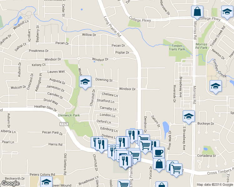 map of restaurants, bars, coffee shops, grocery stores, and more near 2800 Chelsea Lane in Flower Mound