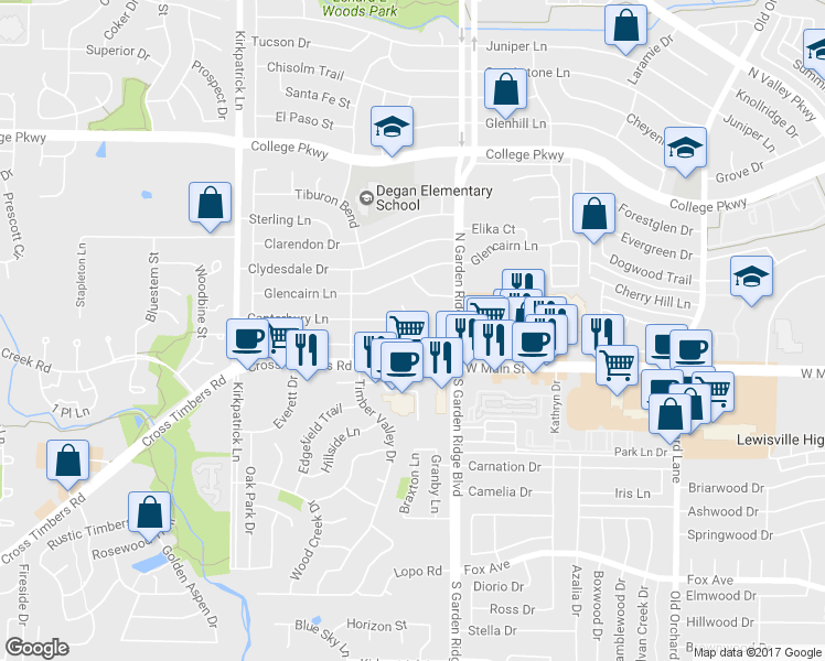 map of restaurants, bars, coffee shops, grocery stores, and more near 1622 Belltower Court in Lewisville