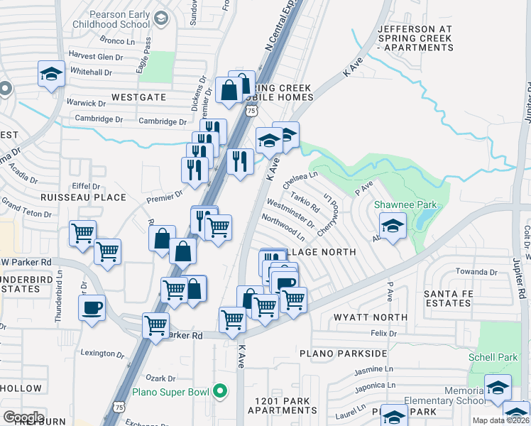 map of restaurants, bars, coffee shops, grocery stores, and more near 3460 Northwood Lane in Plano