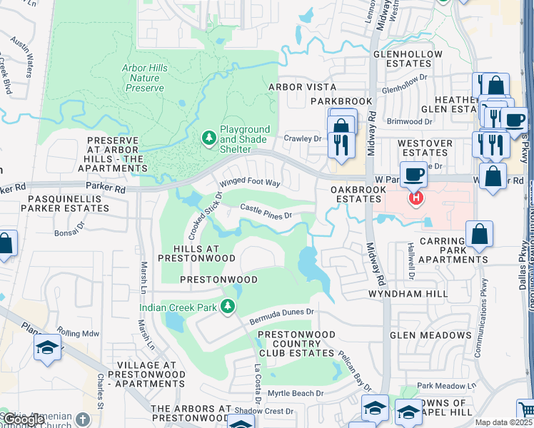 map of restaurants, bars, coffee shops, grocery stores, and more near Castle Pines Drive in Plano