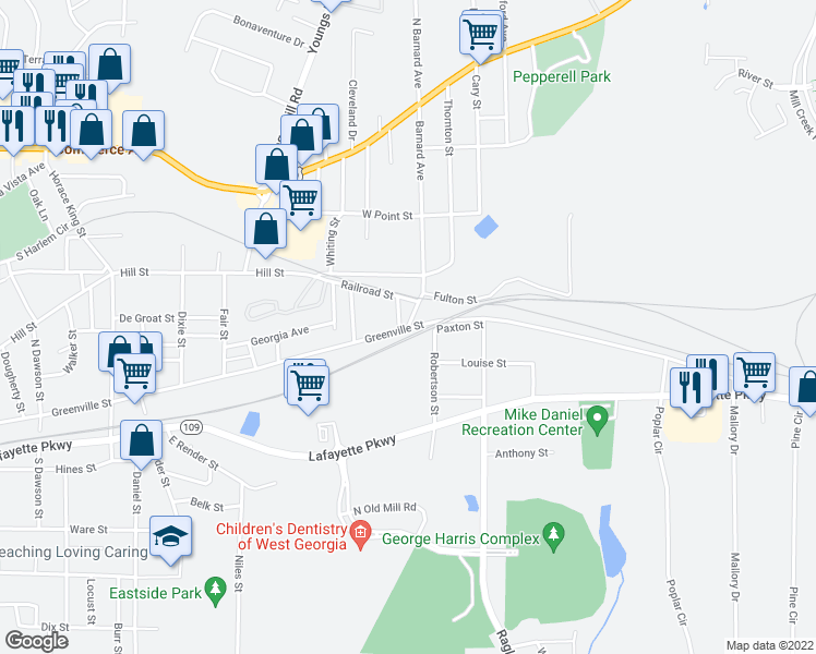 map of restaurants, bars, coffee shops, grocery stores, and more near 9 South Barnard Avenue in LaGrange