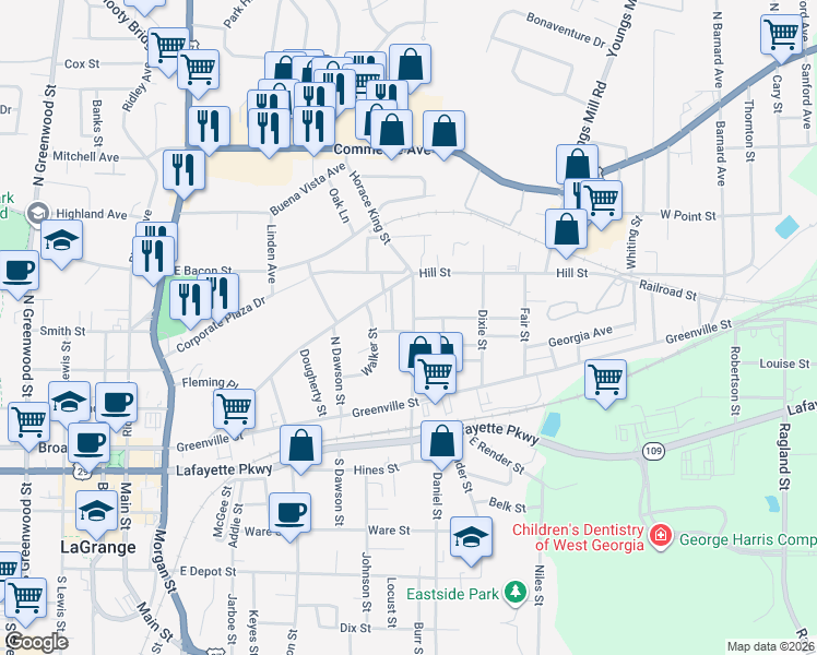 map of restaurants, bars, coffee shops, grocery stores, and more near 209 Horace King Street in LaGrange