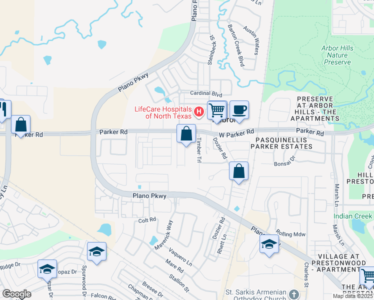 map of restaurants, bars, coffee shops, grocery stores, and more near 2322 Parker Road in Carrollton