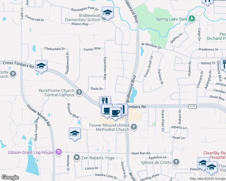 map of restaurants, bars, coffee shops, grocery stores, and more near 4205 Blue Grass Drive in Flower Mound