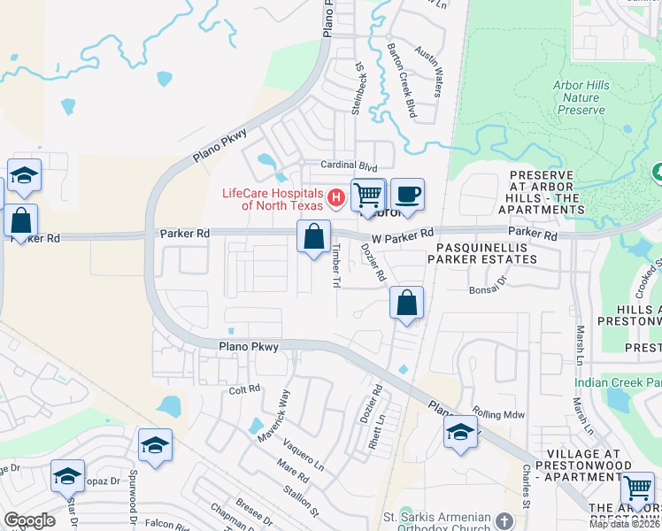 map of restaurants, bars, coffee shops, grocery stores, and more near 2322 Parker Road in Carrollton