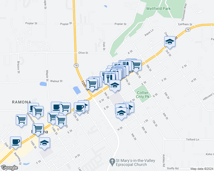 map of restaurants, bars, coffee shops, grocery stores, and more near 845 Main Street in Ramona