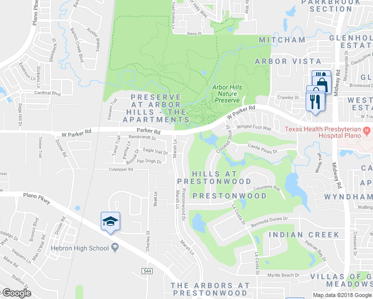 map of restaurants, bars, coffee shops, grocery stores, and more near 3204 Prestonwood Drive in Plano