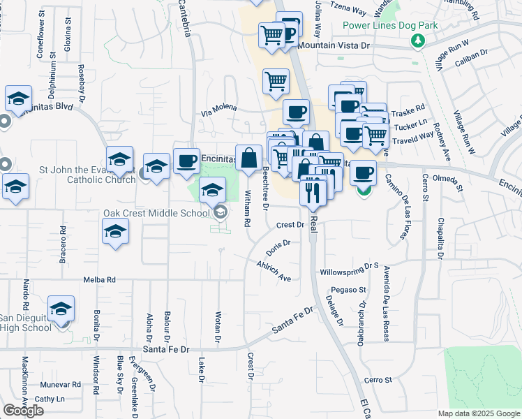 map of restaurants, bars, coffee shops, grocery stores, and more near 202 Beechtree Drive in Encinitas