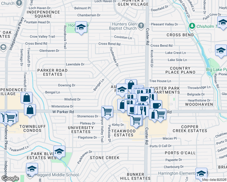 map of restaurants, bars, coffee shops, grocery stores, and more near 3344 Canyon Valley Trail in Plano