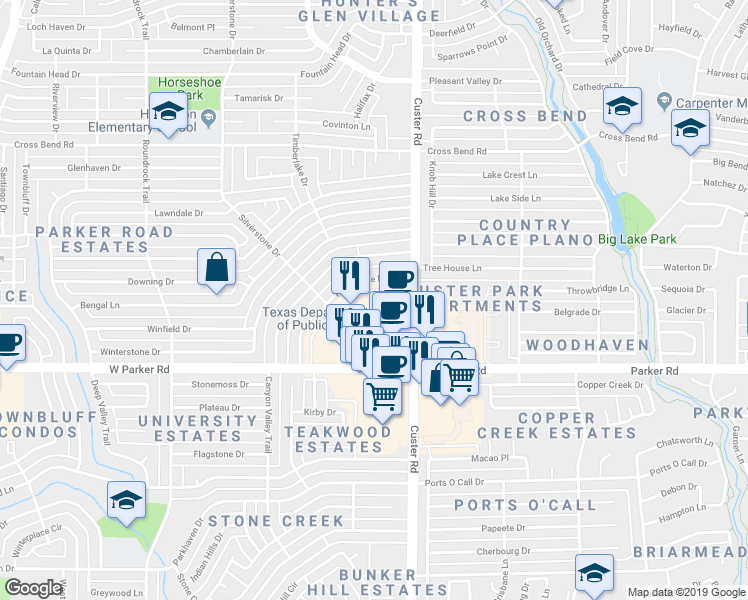 map of restaurants, bars, coffee shops, grocery stores, and more near 3415 Custer Road in Plano