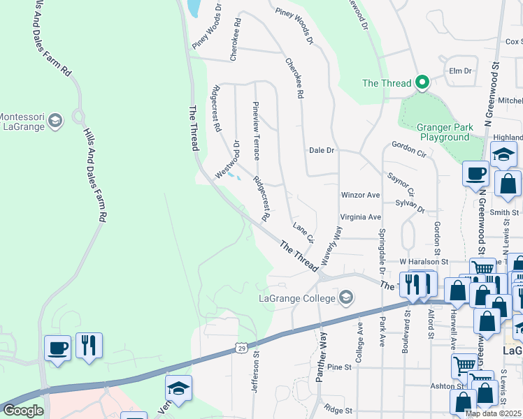 map of restaurants, bars, coffee shops, grocery stores, and more near 107 Ridgecrest Road in LaGrange