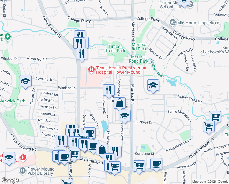 map of restaurants, bars, coffee shops, grocery stores, and more near 4212 Riverside Drive in Flower Mound