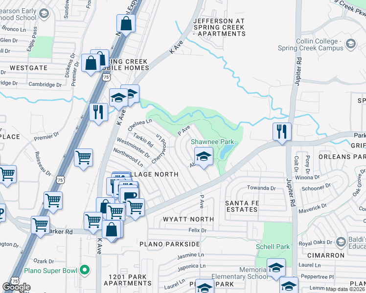 map of restaurants, bars, coffee shops, grocery stores, and more near 3369 Nottingham Lane in Plano