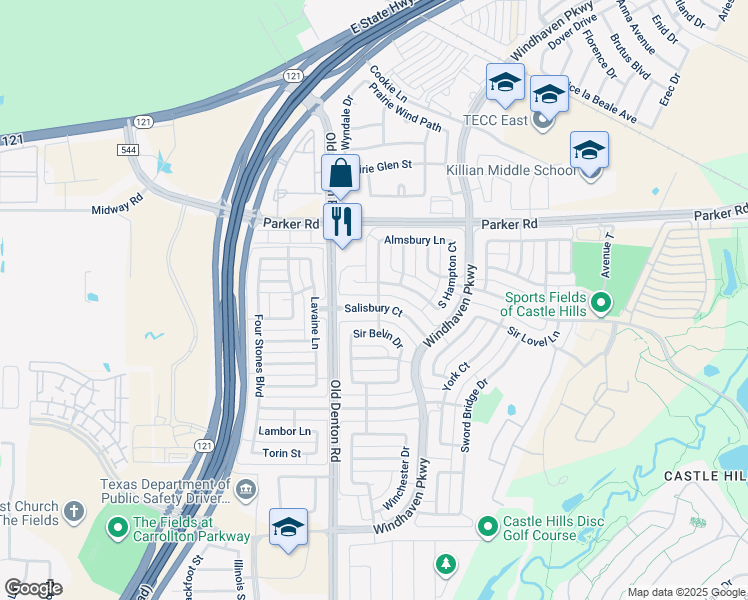 map of restaurants, bars, coffee shops, grocery stores, and more near 2331 Salisbury Court in The Colony