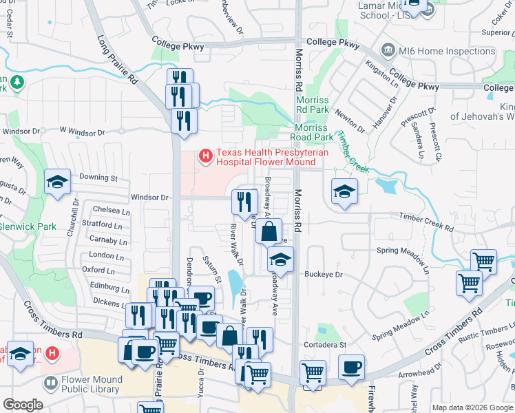 map of restaurants, bars, coffee shops, grocery stores, and more near 4212 Riverside Drive in Flower Mound